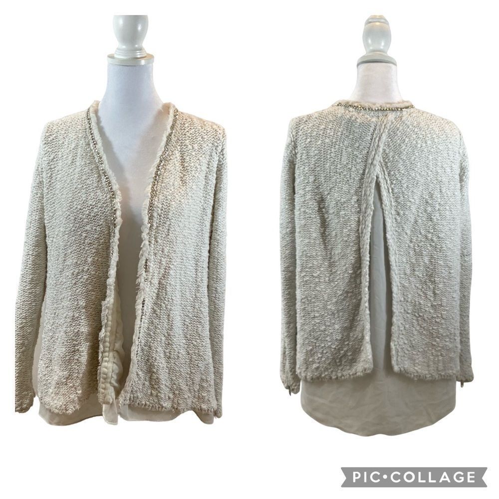 Zara Knit White Open Front Cardigan Sweater with Silver Metal Details‎ Large
